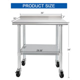 HARDURA Stainless Steel Table 30 x 36 Inches with Wheels Casters NSF Heavy Duty Commercial Prep Table with 2” Backsplash and Adjustable Undershelf for Restaurant Kitchen Home and Hotel