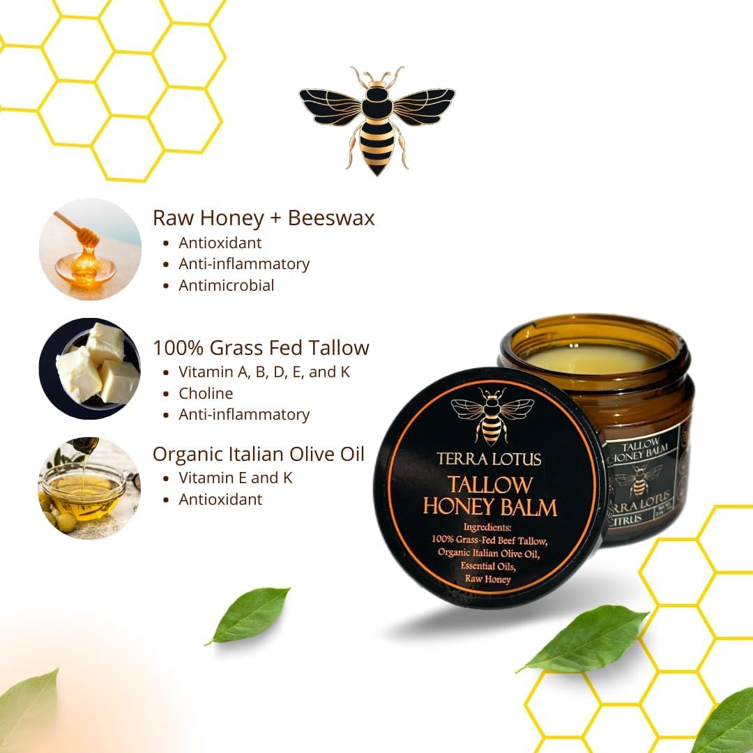 Terra Lotus - Organic Grass-Fed Beef Tallow Balm with Raw Honey - Moisturizing Cream for Soft, Smooth Skin - Handmade All-Natural Moisturizer (2 Oz, Unscented)
