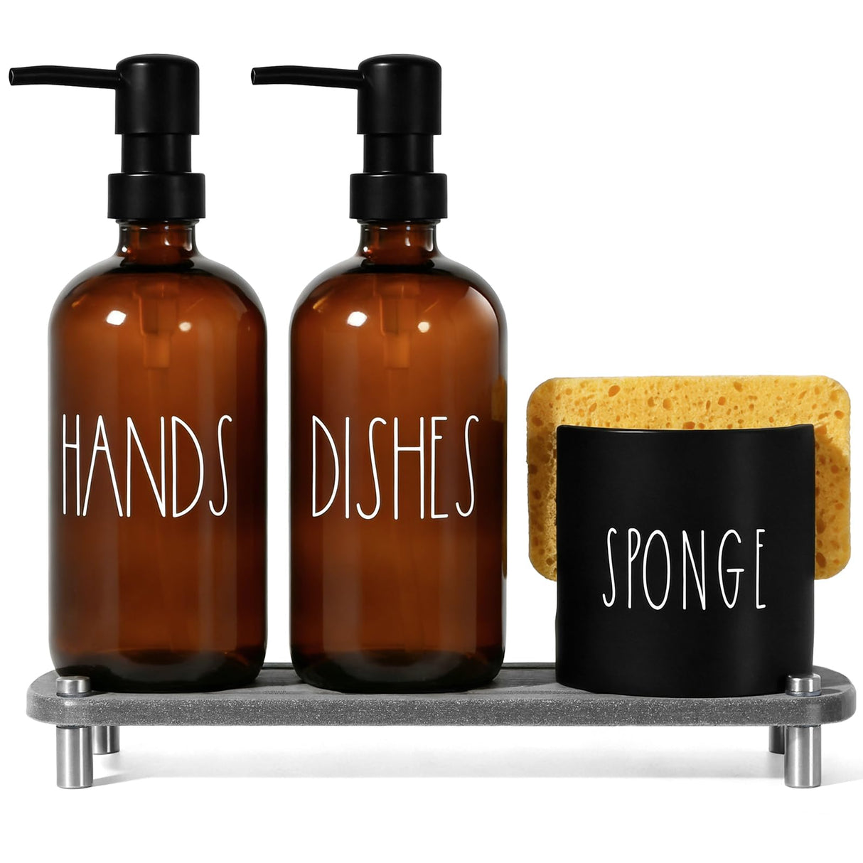 TOLDATLI Hand and Dish Soap Dispenser Set, Kitchen Soap Dispenser Set with Sponge Holder, 16.9oz Amber Glass Dispenser, Waterproof Labels, Instant Dry Tray|Upgrade for Your Kitchen and Bathroom