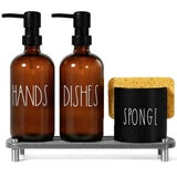 TOLDATLI Hand and Dish Soap Dispenser Set, Kitchen Soap Dispenser Set with Sponge Holder, 16.9oz Amber Glass Dispenser, Waterproof Labels, Instant Dry Tray|Upgrade for Your Kitchen and Bathroom