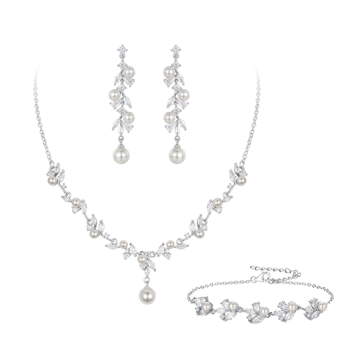 EleQueen Women's Simulated Pearl Wedding Jewelry Set, Cubic Zirconia Marquise Floral Bridal Necklace Earrings Bracelet Sets