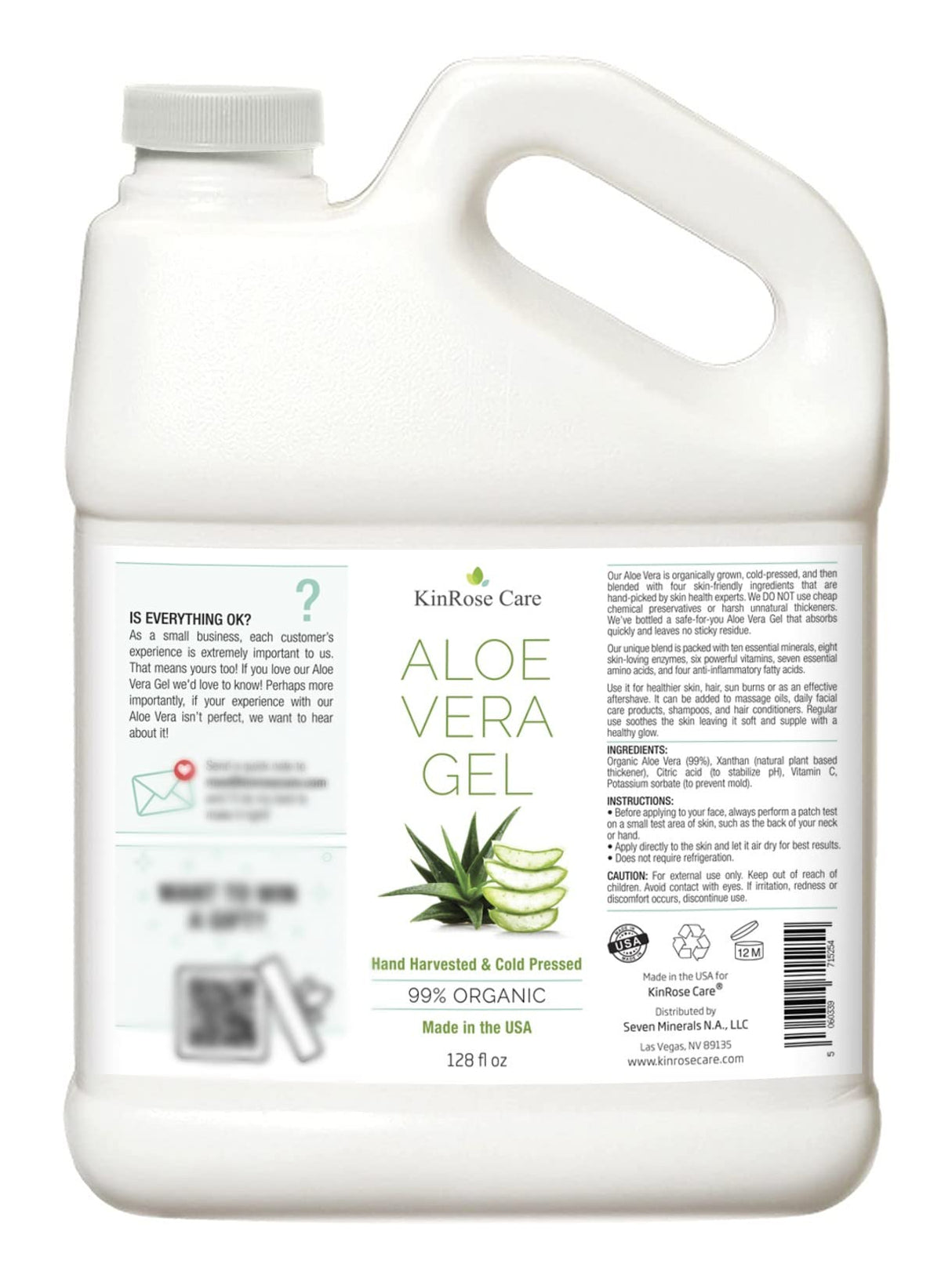KinRose Care Aloe Vera Gel Organic Gallon for Face, Skin, Hair & Sunburn Relief 100 Percent Pure Aloe Vera Gel Bulk Wholesale - Cold Pressed, Vegan, Unscented - Made in USA (128 Fl Oz)