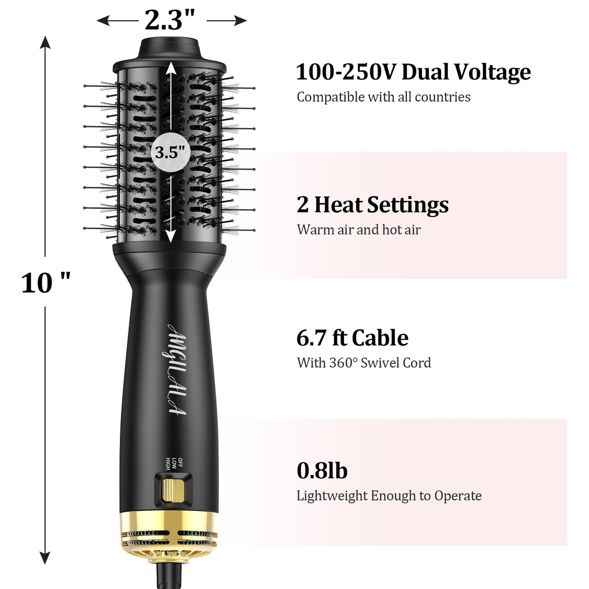 ANGILALA Dual Voltage(100~250V) Mini Hair Dryer Brush with European Plug Adapter for International Travel, Europe Travel Essentials for Women