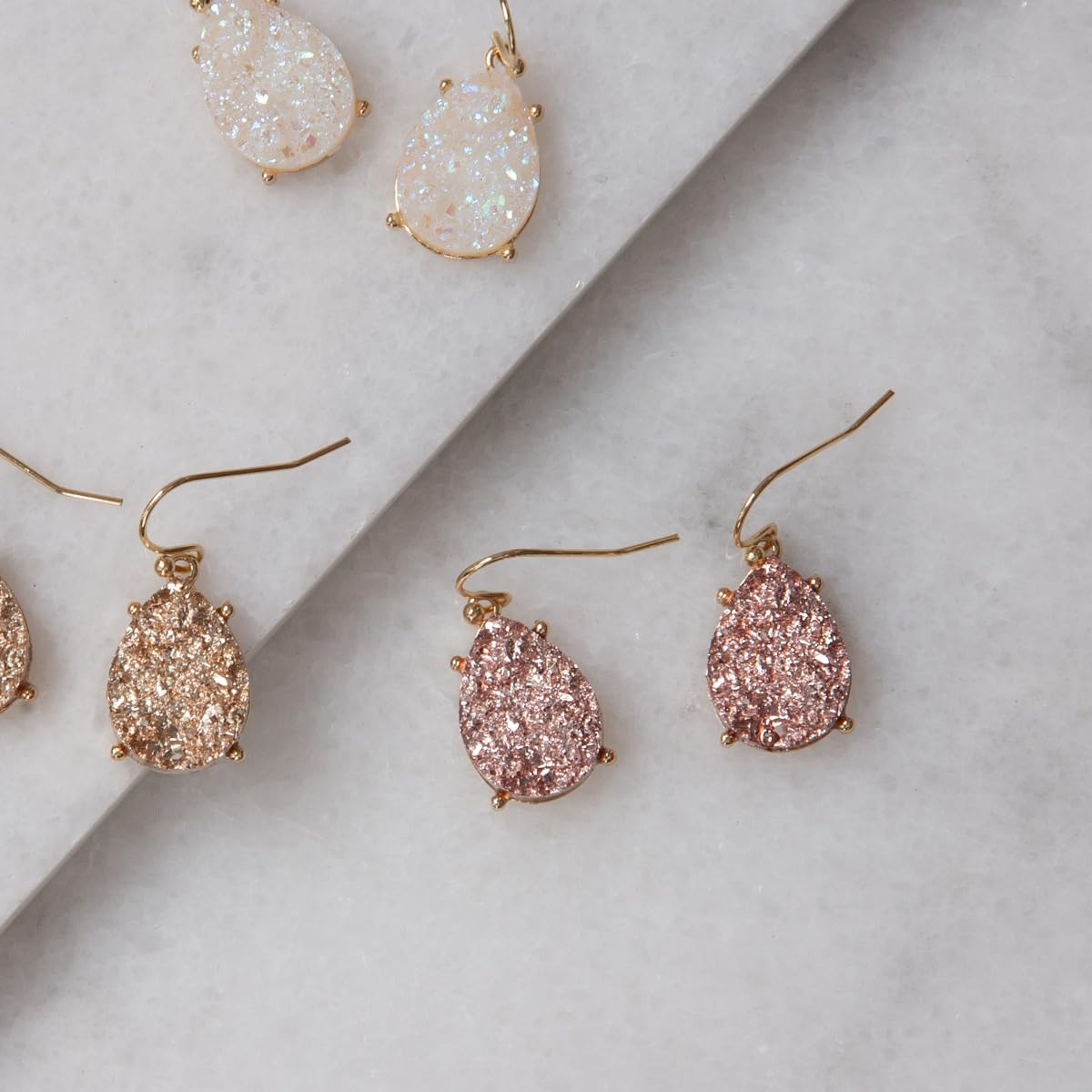 Rose Gold Tone Earrings for Women Dangling, Pink Faux Druzy Teardrop Dangle