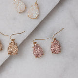 Rose Gold Tone Earrings for Women Dangling, Pink Faux Druzy Teardrop Dangle