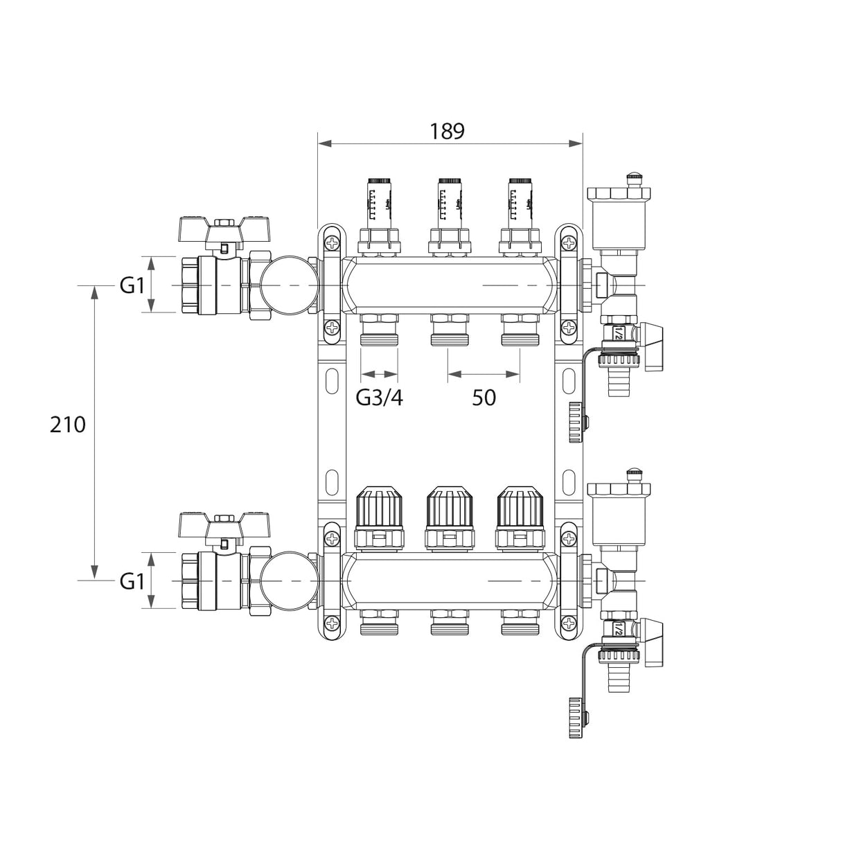 Vancoco 3-Port Stainless Steel Manifold Set, with Flow Meter, Auto Air Vent and 1" Ball Valves, Complete Underfloor Heating Kit