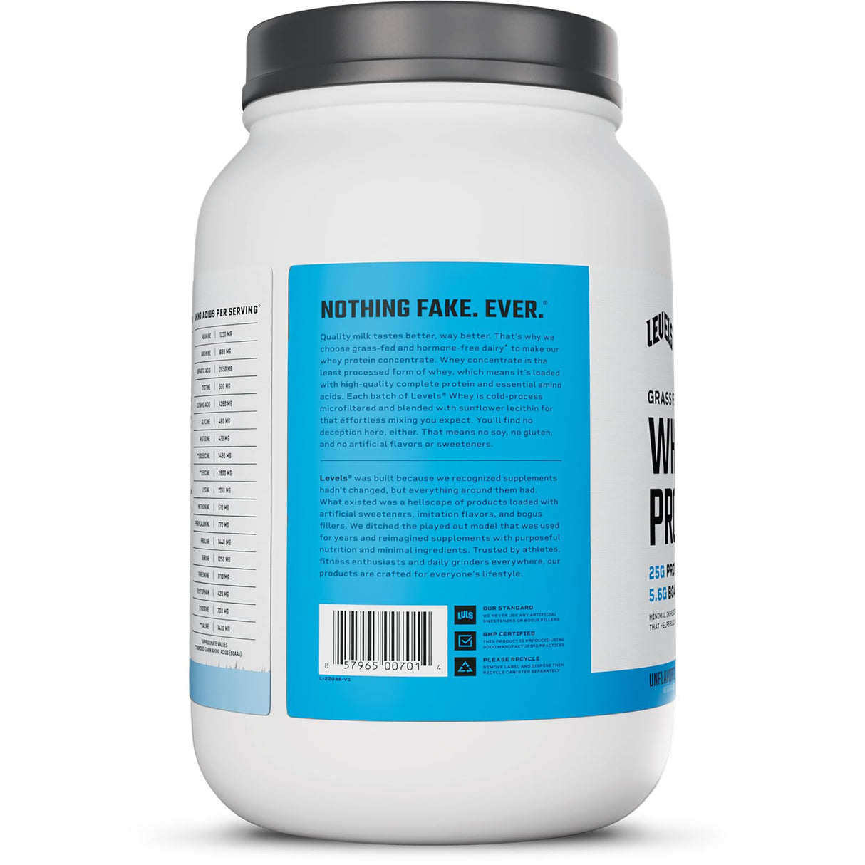 Levels Grass Fed Whey Protein Powder, No Artificials, 25G of Protein, Unflavored, 2LB