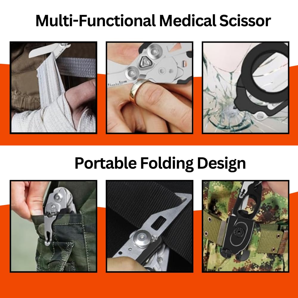 6 in 1 Multifunctional Trauma Shears Foldable with Strap Cutter | Heavy Duty Stainless Steel Emergency Response Shears | Survival Shears With Holster | Medical Trauma shears Tactical | Black