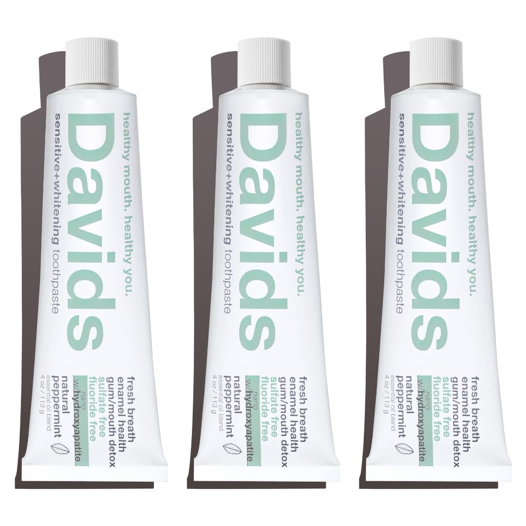 Davids Hydroxi™ Fluoride Free Nano Hydroxyapatite Toothpaste for Remineralizing Enamel & Sensitive Relief, Whitening, Antiplaque, SLS Free, Natural Peppermint, 4oz, Made in USA (3 Pack)