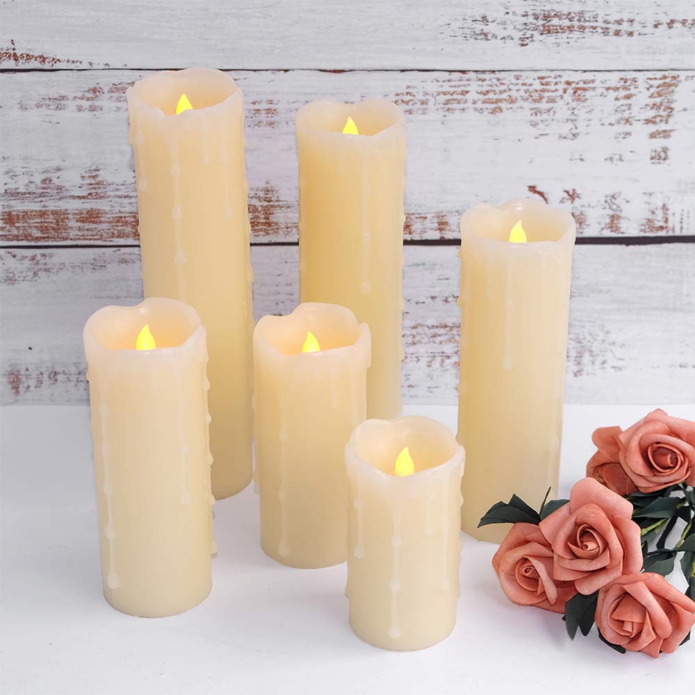 DRomance Flameless Flickering Candles Battery Operated with Remote and Timer, Set of 6 Dripping Wax LED Pillar Candles Halloween Christmas Holiday Indoor Decor(Ivory, 2.2 x 4-9 Inches)