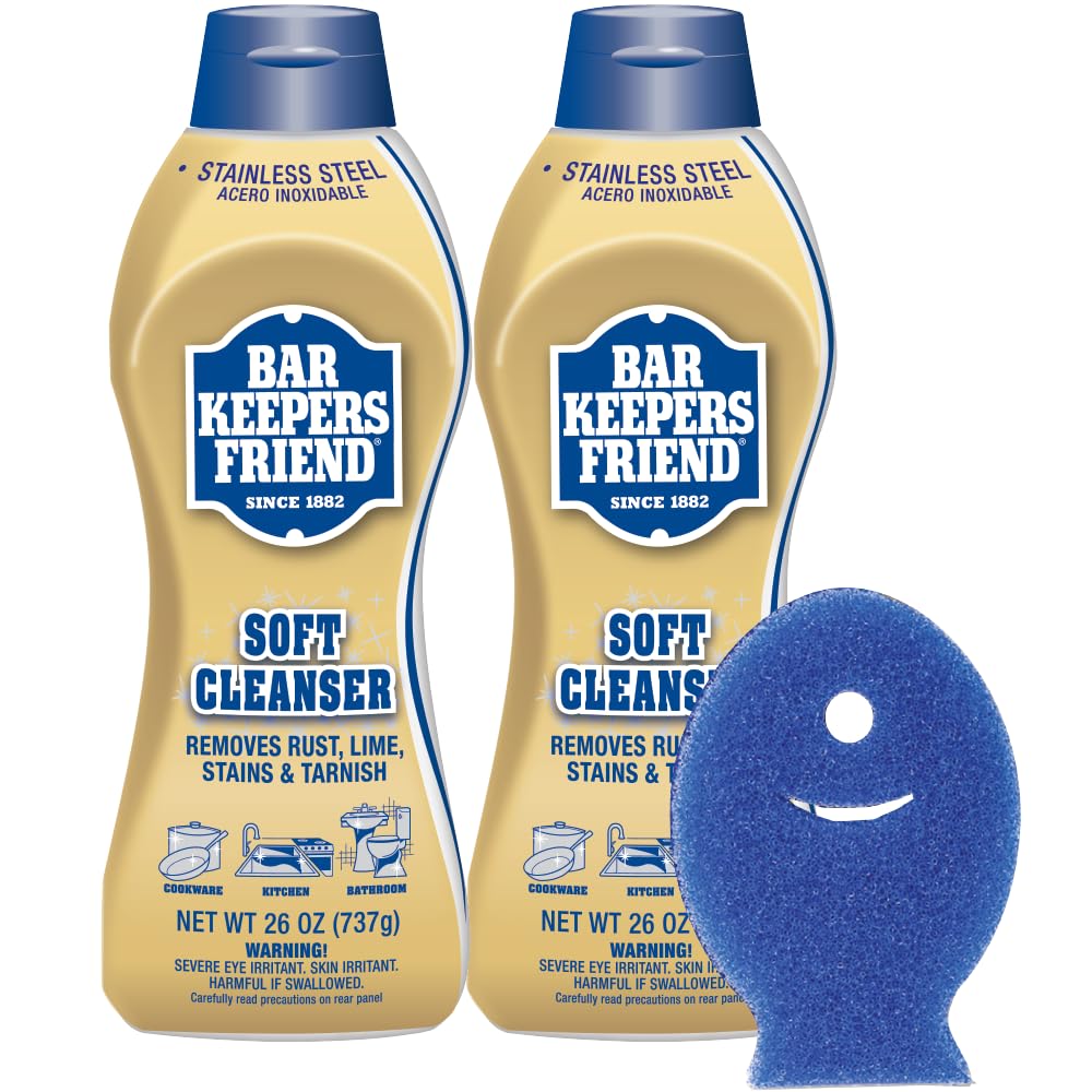 Bar Keepers Friend Soft Cleanser Liquid (2 x 26 oz) Plus Dish Fish Sponge - Multipurpose Cleaner & Rust Stain Remover for Stainless Steel, Porcelain, Ceramic Tile, Copper, Brass & More