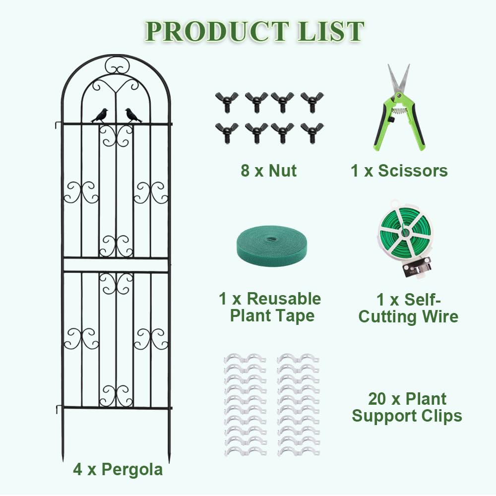 YOBAZAN Metal Garden Trellis, 86.7" H x 19.7" W Black Coated Wire Lattice Panel, Sturdy Plant Support for Climbing Roses Vines Cucumbers Vegetables Outdoor Patio Yard (4 Packs)
