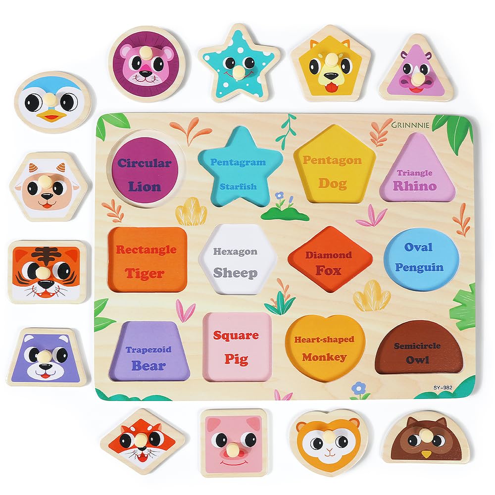 GRINNNIE Wooden Puzzles for Toddlers 3 4 5 Years Old, Montessori Toddler Toys 5PCS Peg Puzzles with Knob - Number, Alphabet, Shape, and Animal, Great Christmas Birthday Gifts for Boys Girls