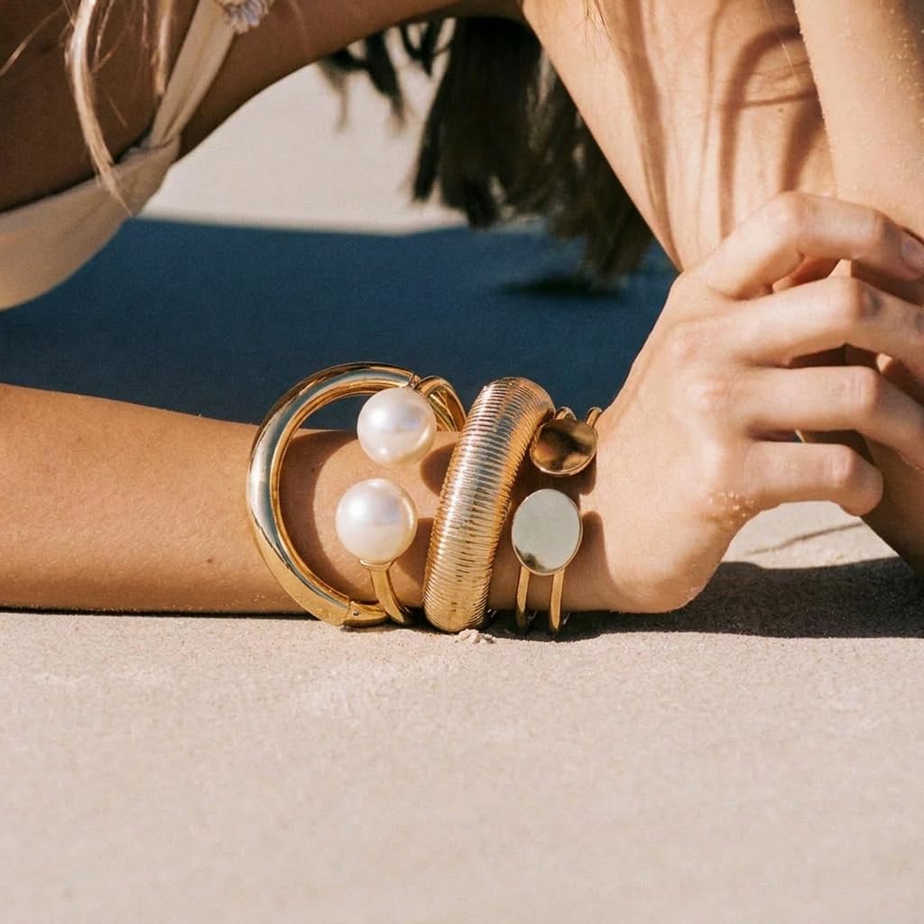 EZSONA Boho Gold-Tone Cuff Bangle Bracelet Set for Women - Chunky Waterdrop Irregular Wide Stackable Minimalist Jewelry