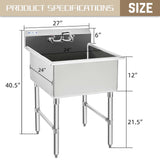 HALLY Commercial Stainless Steel Sink 1 Compartment NSF Prep & Utility Sink with 8" Faucet 24" L x 24" W x 12" D Bowl for Bar, Restaurant, Kitchen, Hotel and Home