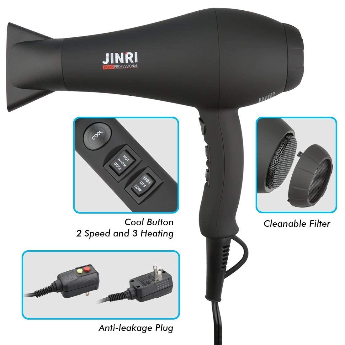 Hair Dryer 1875W, Negative Ionic Fast Dry Low Noise Blow Dryer, Professional Salon Hair Dryers with Diffuser, Concentrator, Styling Pik, 2 Speed and 3 Heat Settings (Bk)
