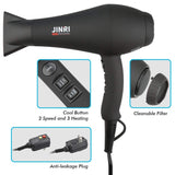 Hair Dryer 1875W, Negative Ionic Fast Dry Low Noise Blow Dryer, Professional Salon Hair Dryers with Diffuser, Concentrator, Styling Pik, 2 Speed and 3 Heat Settings (Bk)