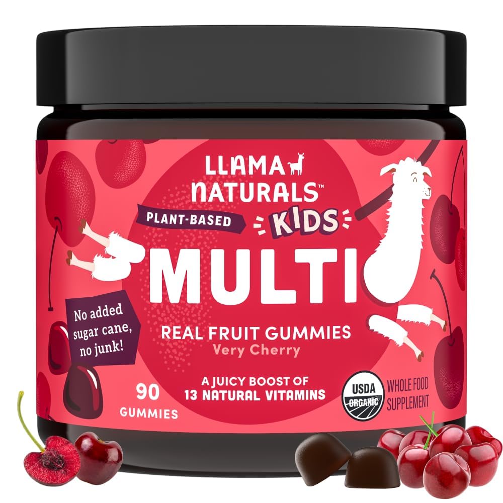 Llama Naturals Kids Multivitamin Gummies, Vegan, Organic with Vitamin D, C & K, Toddler Real Fruit Gummy Vitamins, Chewable Supplement, Whole Food Multivitamin, No Added Sugar Cane, Cherry, 90 Ct