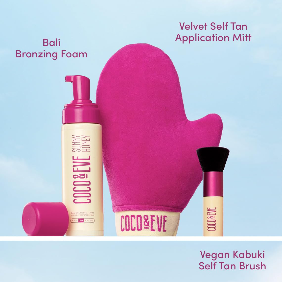 Coco & Eve Sunny Honey Bali Bronzing Bundle (Dark). All Natural Sunless Tanning Mousse. Instant Self Tanning Lotion with Bronzer, Mitt Applicator and Kabuki Brush.