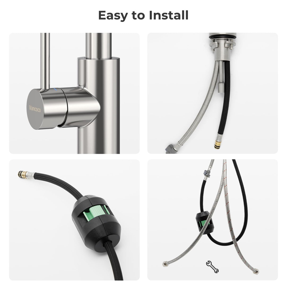 VANCOCO Kitchen Sink Mixer Tap 1 Hole, Single High Arch Kitchen Tap with 360° Swivel Pull Down Sprayer 2 Modes, SUS304 Stainless Steel Faucet