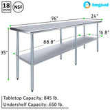 AmGood 24 in. x 96 in. Stainless Steel Work Table | Metal Kitchen Food Prep Table | NSF