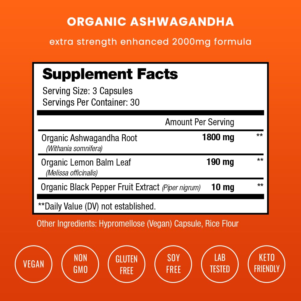 NutraChamps Organic Ashwagandha Capsules, 2000mg Adrenal Fatigue, Thyroid & Mood Support Ashwagandha Supplements, Ashwagandha Root Powder & Lemon Balm, Superior Absorption with Black Pepper
