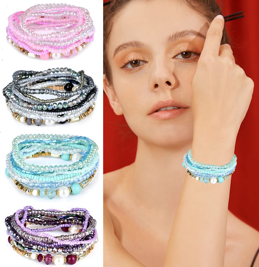 FINZOR 8 Sets Bohemian Stackable Bead Bracelets for Women Bohemian Bracelets Stretch Multi Layered beads Bracelet Set Boho Multicolor