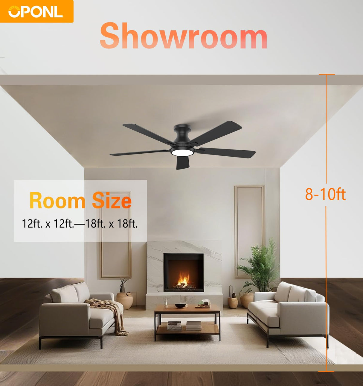 OPONL 52 Inch Black Ceiling Fan with Light, Remote Control, Low Profile, Noiseless, Reversible, Dimmable, Timeable, Metal Housing, Flush Mount Ceiling Fans with Lights for Bedroom, Indoor/Outdoor Use