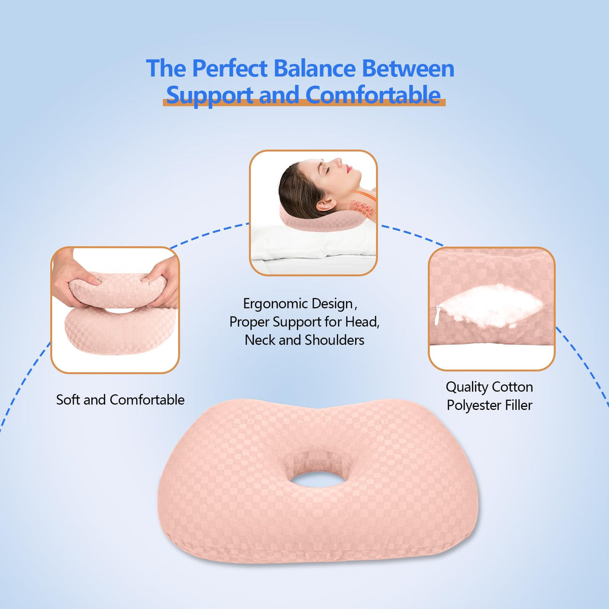 Ear Piercing Hole Pillows Side Sleeper Pillow with an Ear Hole for CNH Side Sleepers and Ear Inflammation Pressure Sores, Adjustable Cotton and Polyester Curved Side Pillow, Pink