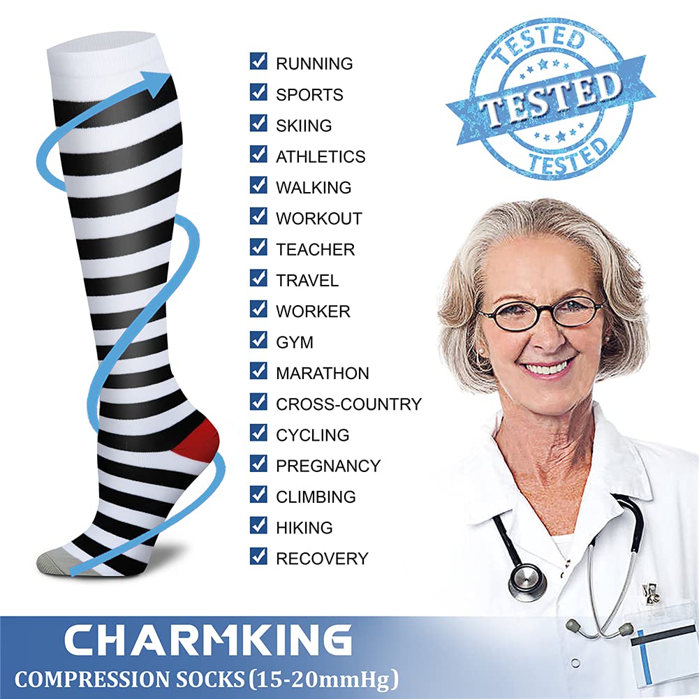 CHARMKING Compression Socks for Women & Men (8 Pairs) 15-20 mmHg Graduated Copper Support Socks are Best for Pregnant, Nurses - Boost Performance, Circulation, Knee High & Wide Calf (S/M, Multi 13)