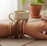 Touchstone wooden women bamboo wood jewelry african bangle bracelets gold bangles brown boho accessories chunky vacation brass statement natural rustic Indian bollywood handcrafted. Set of 7
