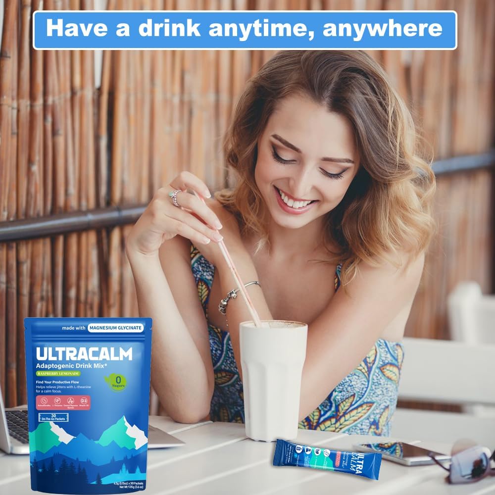 UltraCalm Super Cortisol Drink – Calm Magnesium Glycinate Powder – 30 Servings – L-theanine, Ashwagandha, Vitamin D – No Sugar – Raspberry Lemonade – Electrolytes Powder
