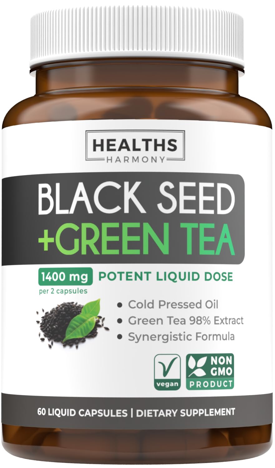 Cold-Pressed Black Seed Oil Capsules - Vegan Non-GMO Nigella Sativa Black Seed Oil Supplement with EGCG Green Tea Extract for Wellness & Energy Support - Polyphenol & Thymoquinone-Rich (1 Month)