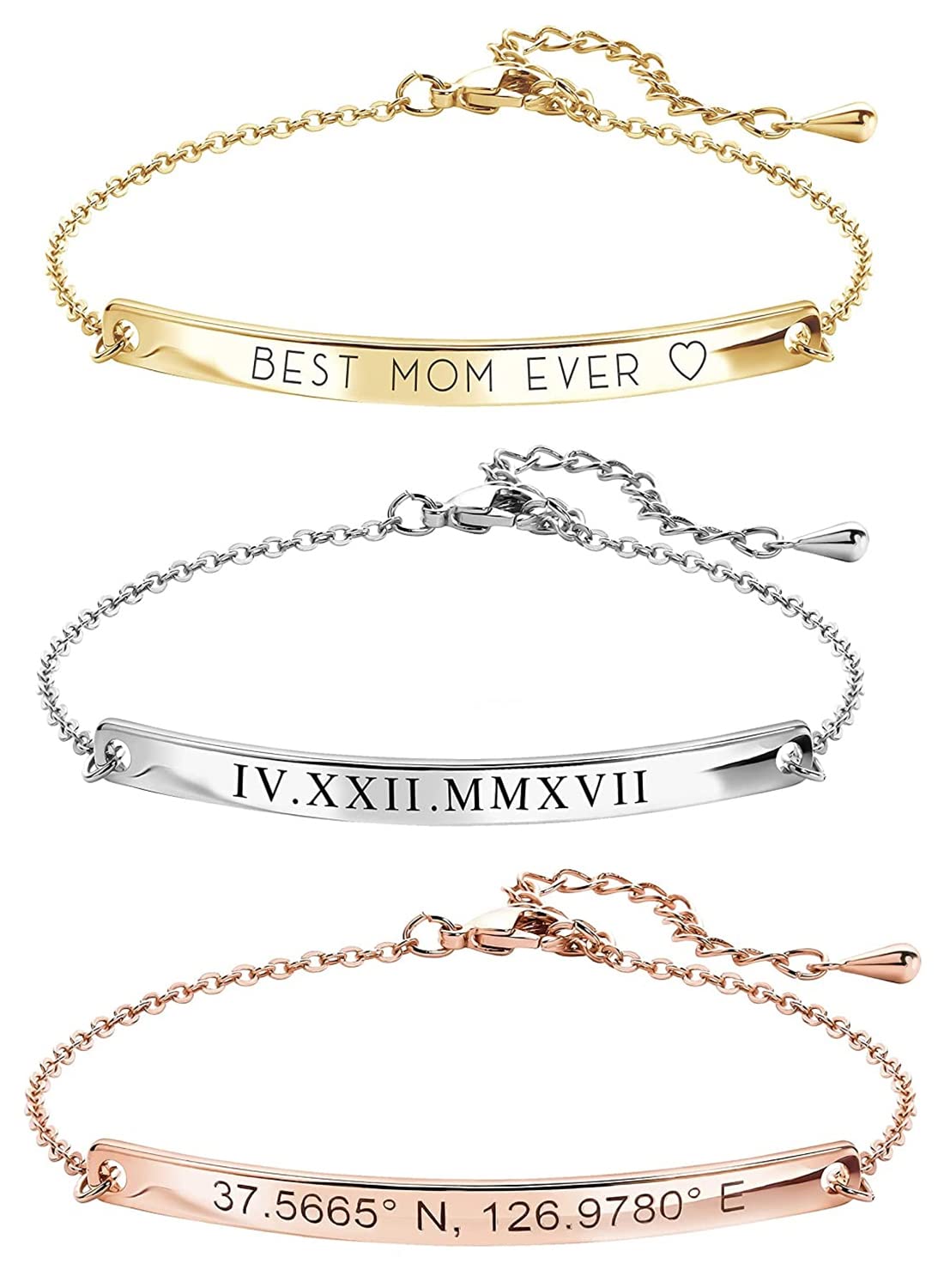 MignonandMignon Custom Name Bracelet Engraved Gold Bar | Personalized Coordinate Bracelet for Women | Dainty Jewelry Gift for Mom Teen Girls Graduation Mothers Day