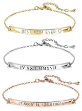 MignonandMignon Custom Name Bracelet Engraved Gold Bar | Personalized Coordinate Bracelet for Women | Dainty Jewelry Gift for Mom Teen Girls Graduation Mothers Day