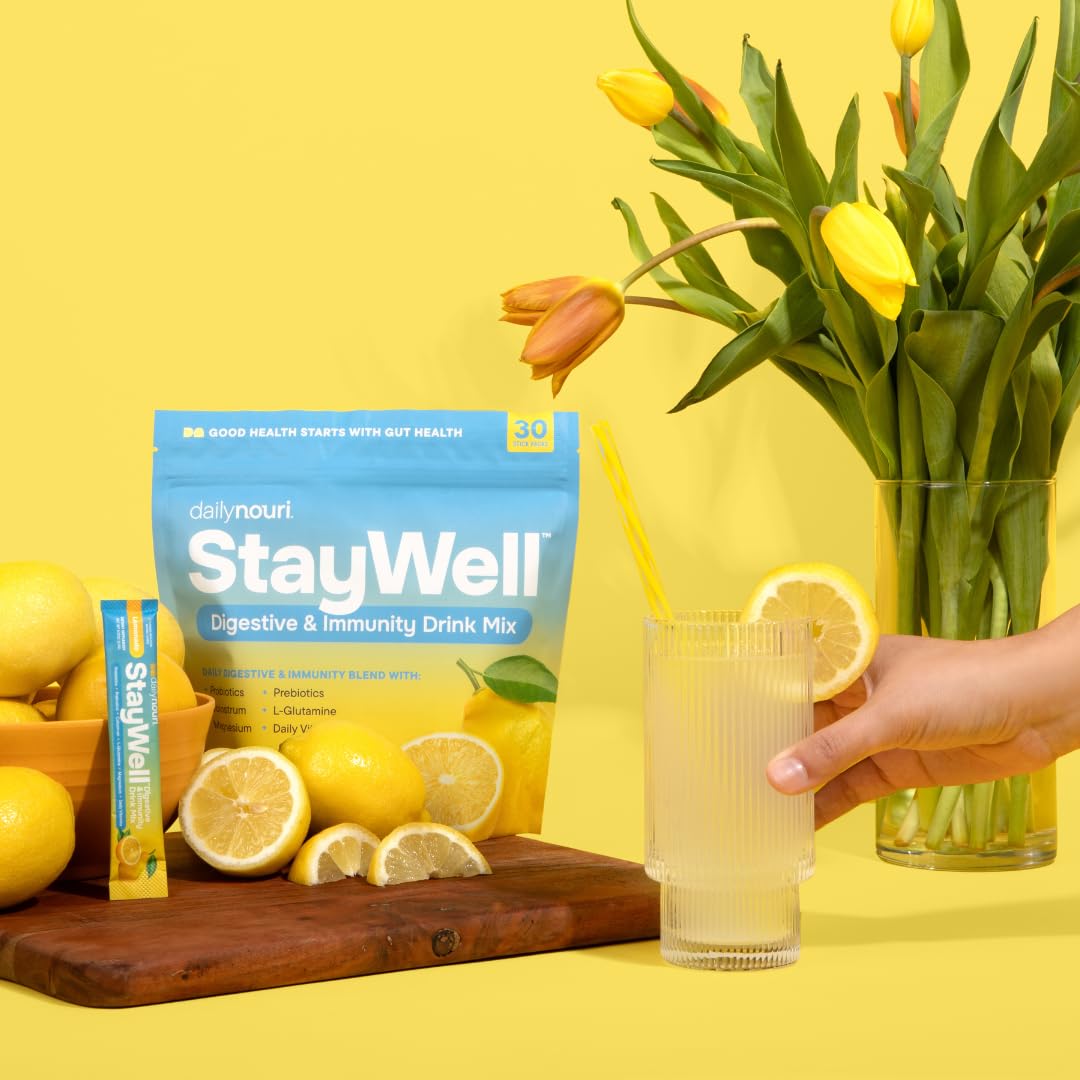 Daily Nouri StayWell Digestive & Immunity Drink Mix | Probiotics, Prebiotics, Colostrum, L-Glutamine, Magnesium, Manganese, Zinc, Vitamins for Gut Health, Digestion & Immune Support | 30 Stick Packs