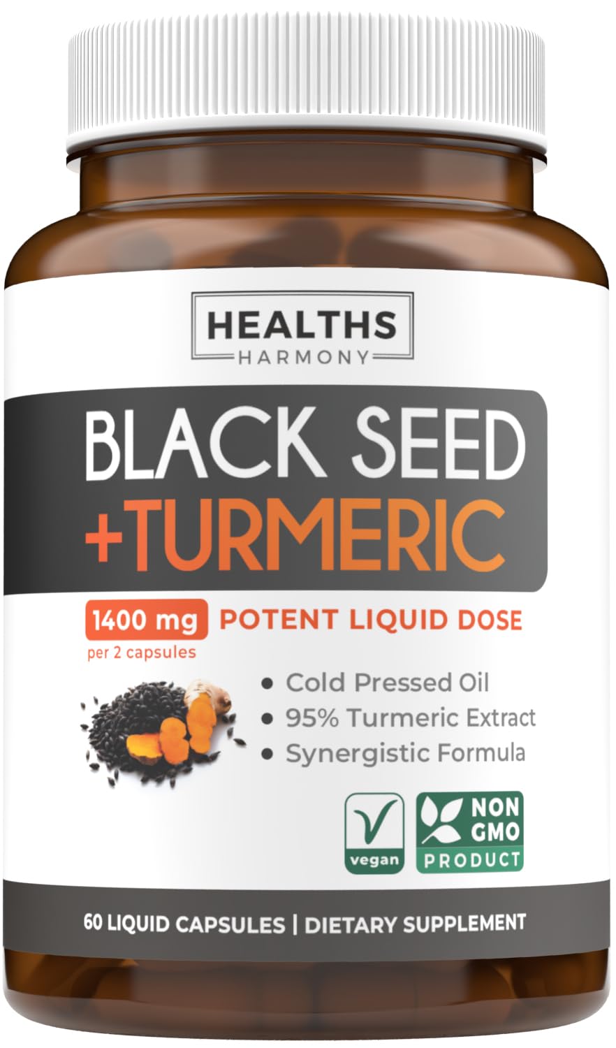 Cold-Pressed Black Seed Oil Capsules - Vegan Non-GMO Nigella Sativa Black Seed Oil Supplement with Turmeric Extract for Comfort Mobility & Immune Support - Curcuminoid & Thymoquinone-Rich (1 Month)