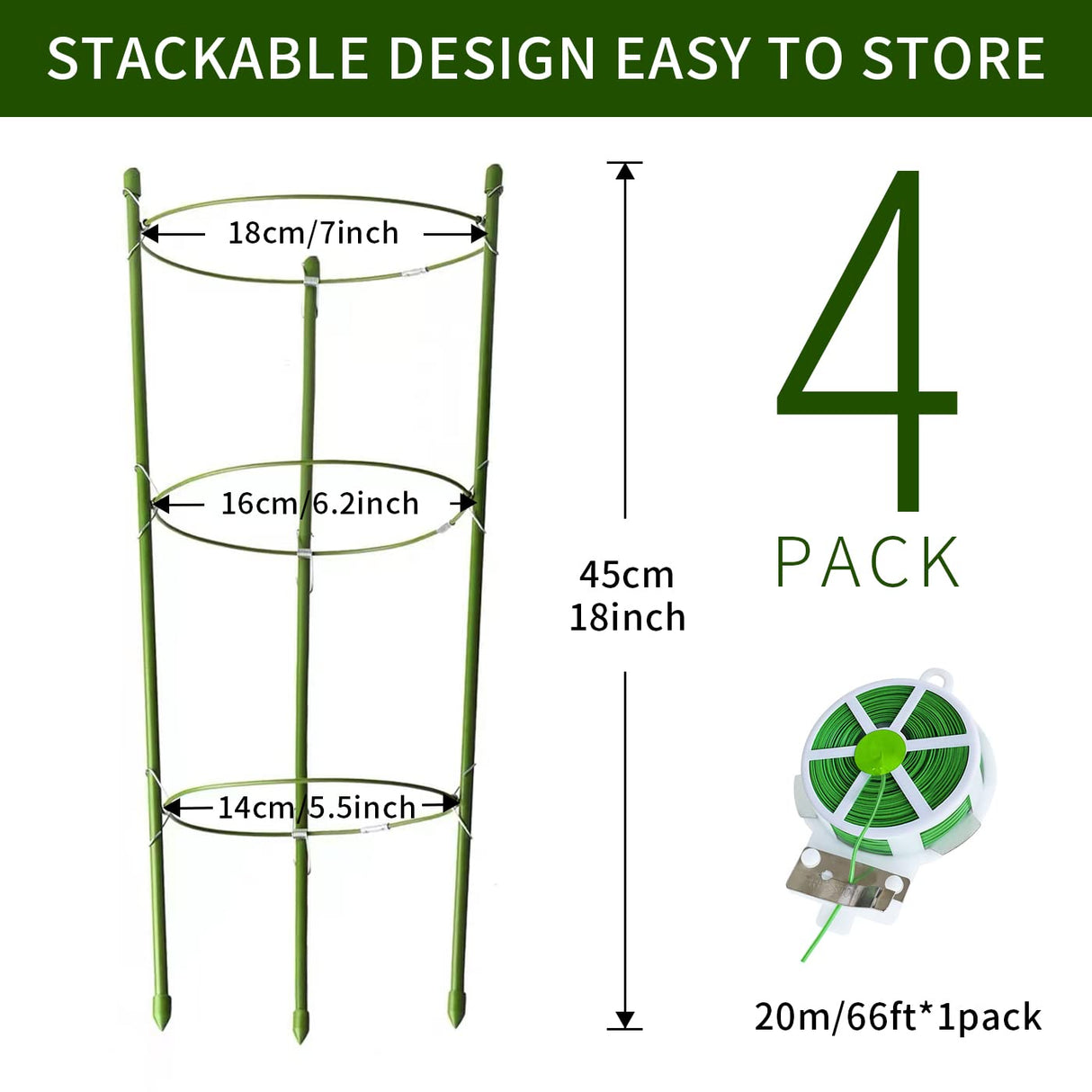 Hoyejyou 4 Pack Tomato Cage for Garden Plant Support, 18 inches Small Tomato Cages Tomato Trellis with Adjustable Rings, Plant Stakes for Peony Support, Tomato Stakes Rings for Climbing Plants