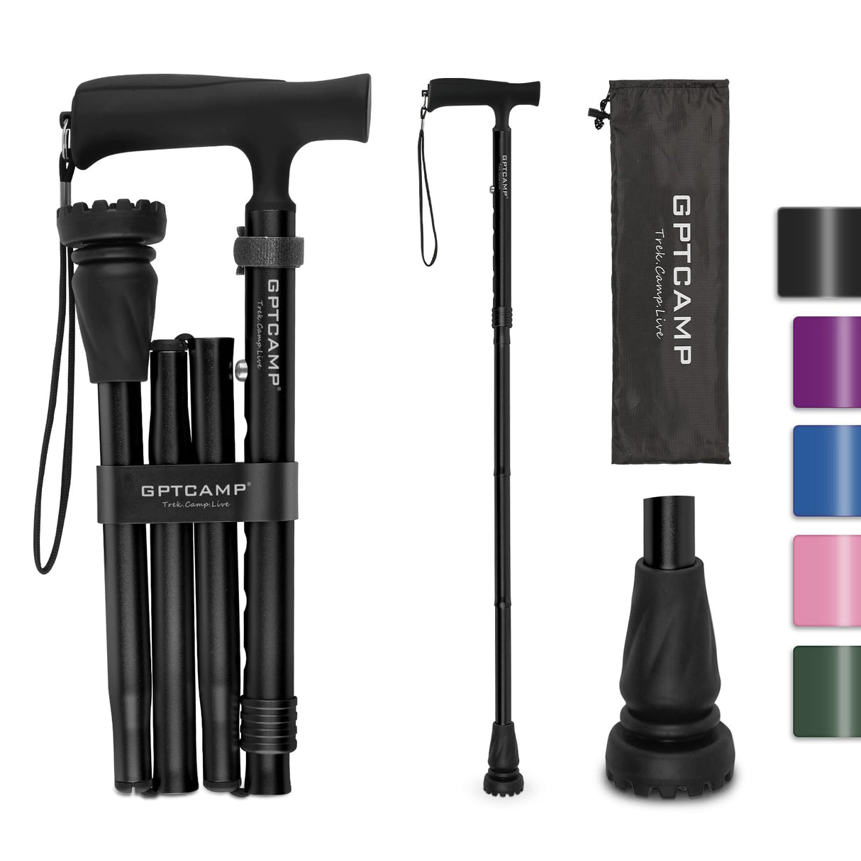 GPTCAMP G2 Walking Stick, Fold-up Walking Cane for Women and Men with Wrist Strap, Portable, Foldable, Collapsible, Lightweight and Sturdy with Comfortable T Handle