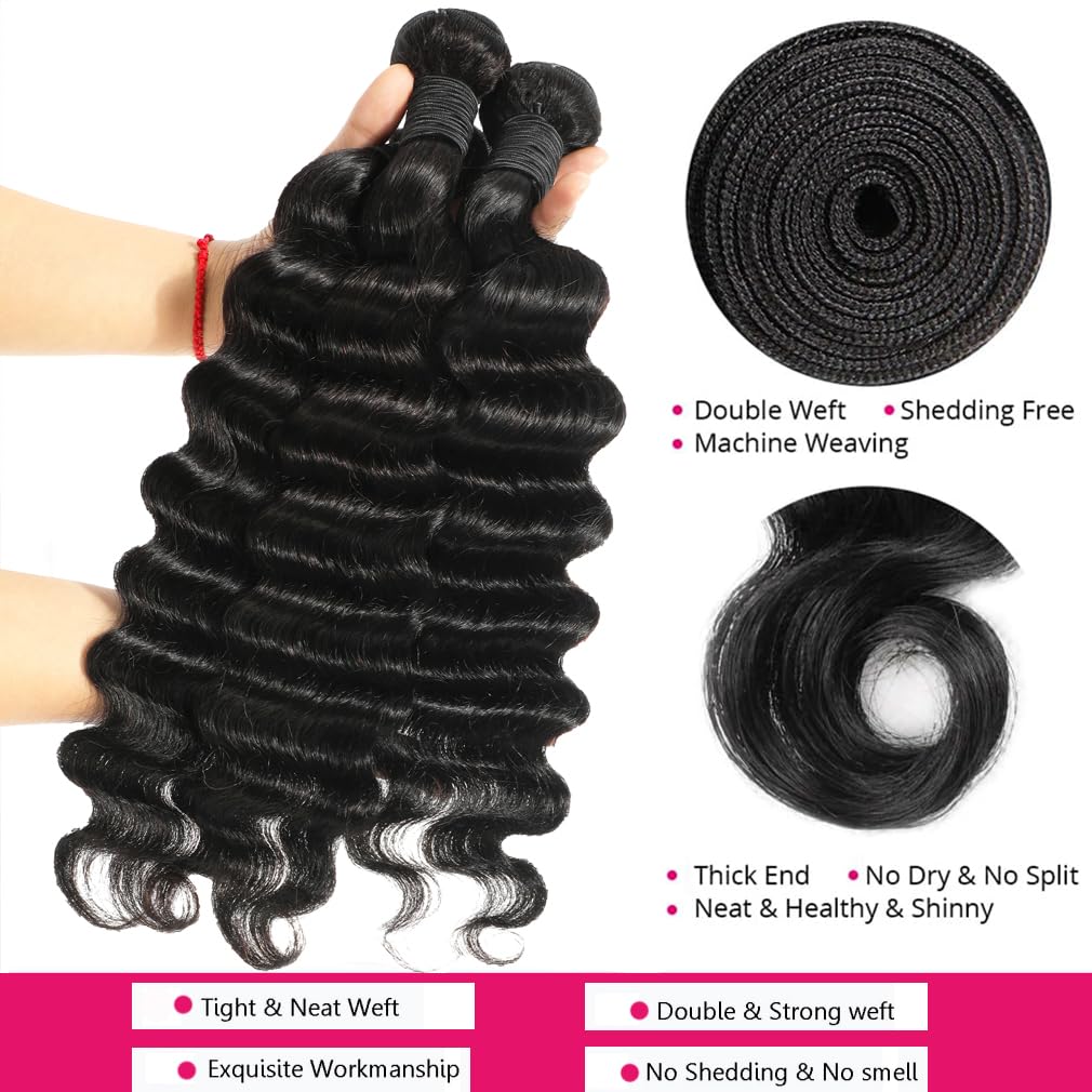 Human Hair Bundles 20 22 24 Inch Loose Deep Wave Human Hair 3 Bundles 100% Unprocessed Brazilian Virgin Human Hair Extensions 12A Grade Human Hair Extensions