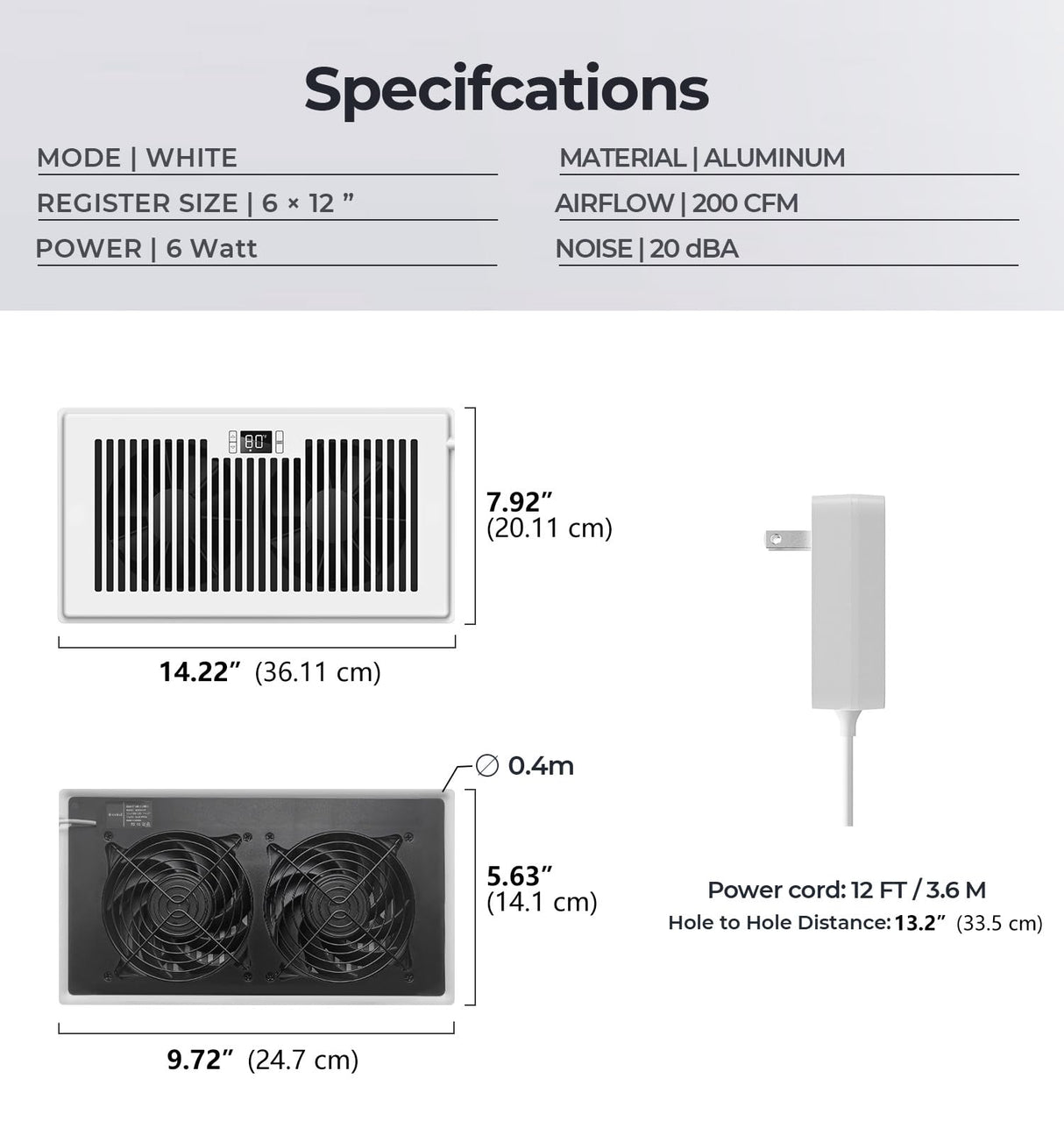 BIOWIND Quiet Register Booster Fan Fits 6" x 12" Register Holes, 10-Speed Smart Heating Cooling AC Vent Fan with Remote Control and Thermostat Control - White