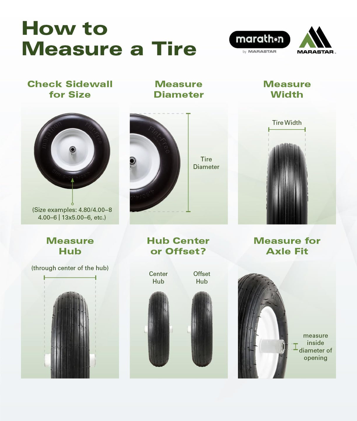 Marathon 00026 Flat Free 2.80/2.50-4 Tire and Wheel Assembly, 3” Centered Hub, 1/2” Ball Bearings, Replacement Tire for Casters, Utility Carts and Other Equipment, Easy Install Assembly