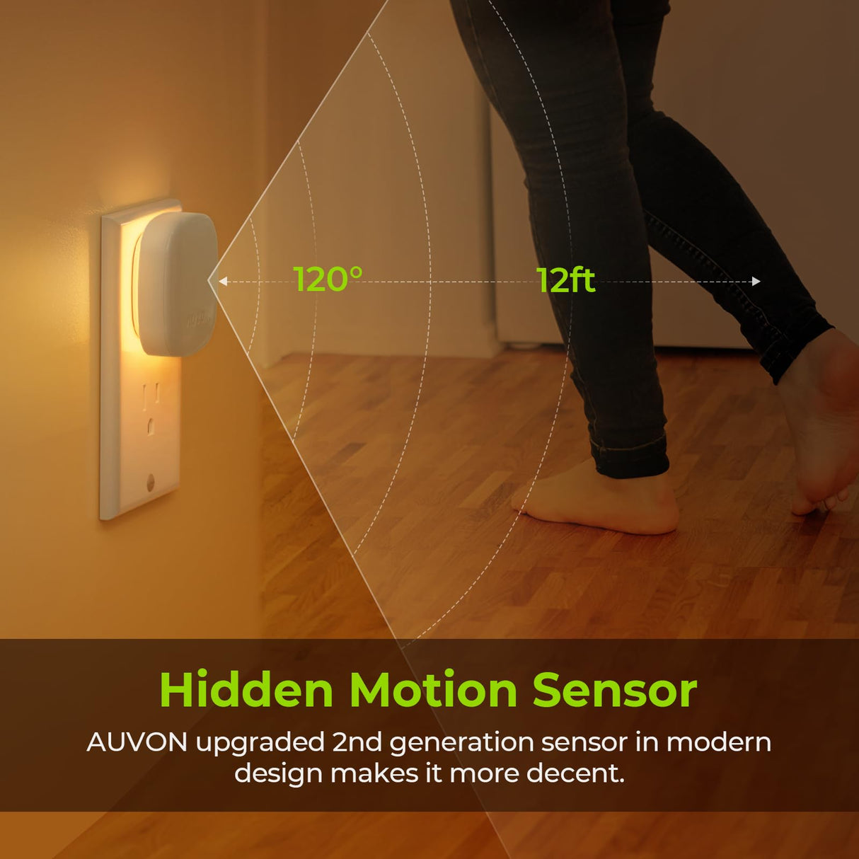 AUVON Plug-in LED Backlit Night Light with Motion Sensor & Dusk to Dawn Sensor, Dimmable Amber Nightlight with 1-50 lm Adjustable Brightness for Bathroom, Bedroom, Hallway, Stairs (2 Pack)