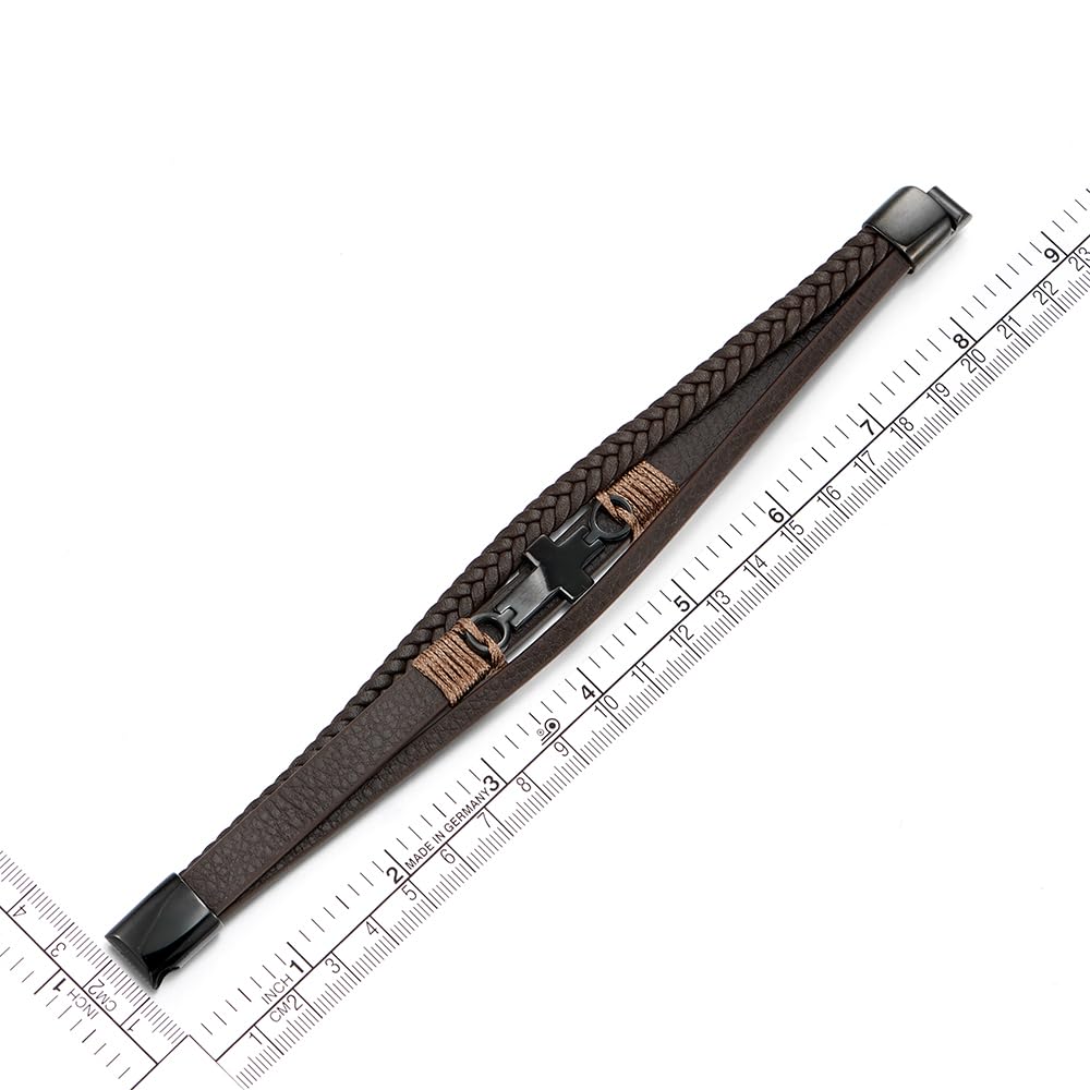 COOLSTEELANDBEYOND Men's Brown Layered Leather Bracelet With Black Cross Bar Centerpiece, Braided and Smooth Strap Design, Black Clasp Wristband, Modern Faith Style Accessory