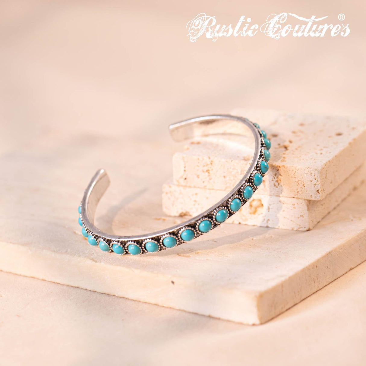 Montana West Women Silver Single Row Round Turquoise Open Cuff Bracelet