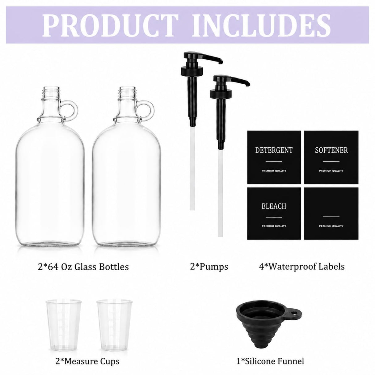 ClutterVerse 2 Pcs Glass Laundry Detergent Dispenser with Black Pump, 64 oz Each, Half Gallon Dispenser for Laundry Room, Includes Black Labels and Measuring Cups