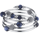 PEARL&CLUB Beaded Chakra Bangle Turquoise Bracelet - Fashion Jewelry Wrap Bracelet with Thick Silver Metal and Mala Beads, Birthday Gifts For Women(63-Navy Blue)