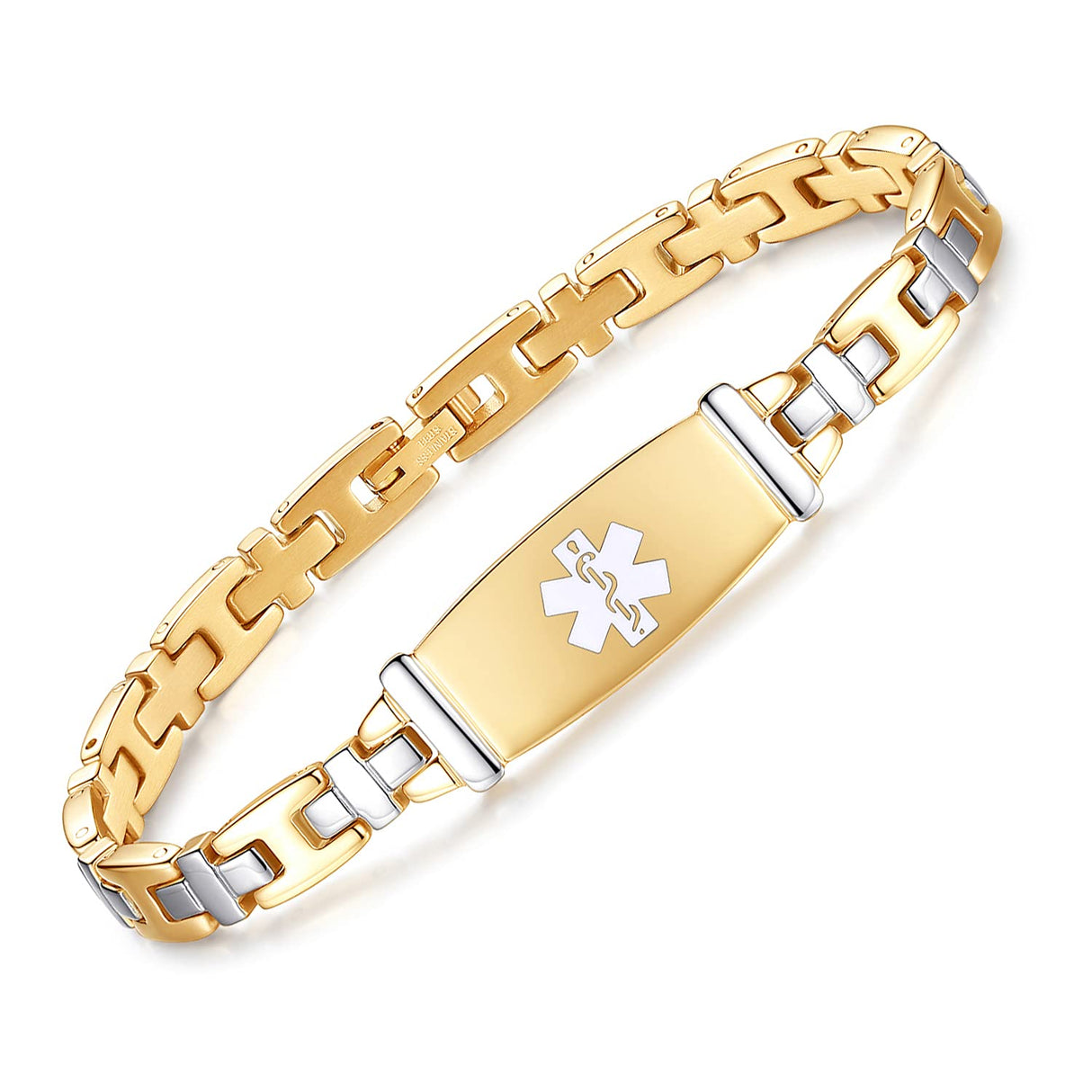 Tarring Fashion Lady Stainless steel Medical Alert id Bracelets with Free Engraving (Gold-7.5 in)
