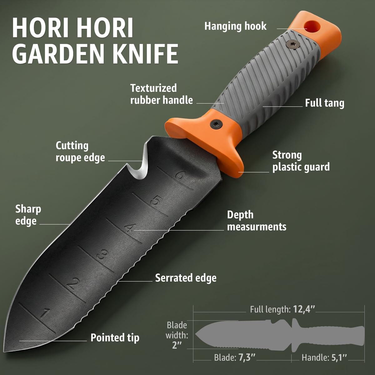 Hori Hori Garden Knife 7" with Sheath – Heavy Duty Stainless Steel Multi-Purpose Tool for Weeding, Digging & Planting, Serrated & Straight Full-Tang Blade, Non-Slip Rubber Handle with Safety Guard