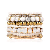 RIAH FASHION Multi Color Stretch Beaded Stackable Bracelets - Layering Bead Strand Statement Wrap Bangles (Natural Stone - White Howlite/Gold, 7.0 Inches)